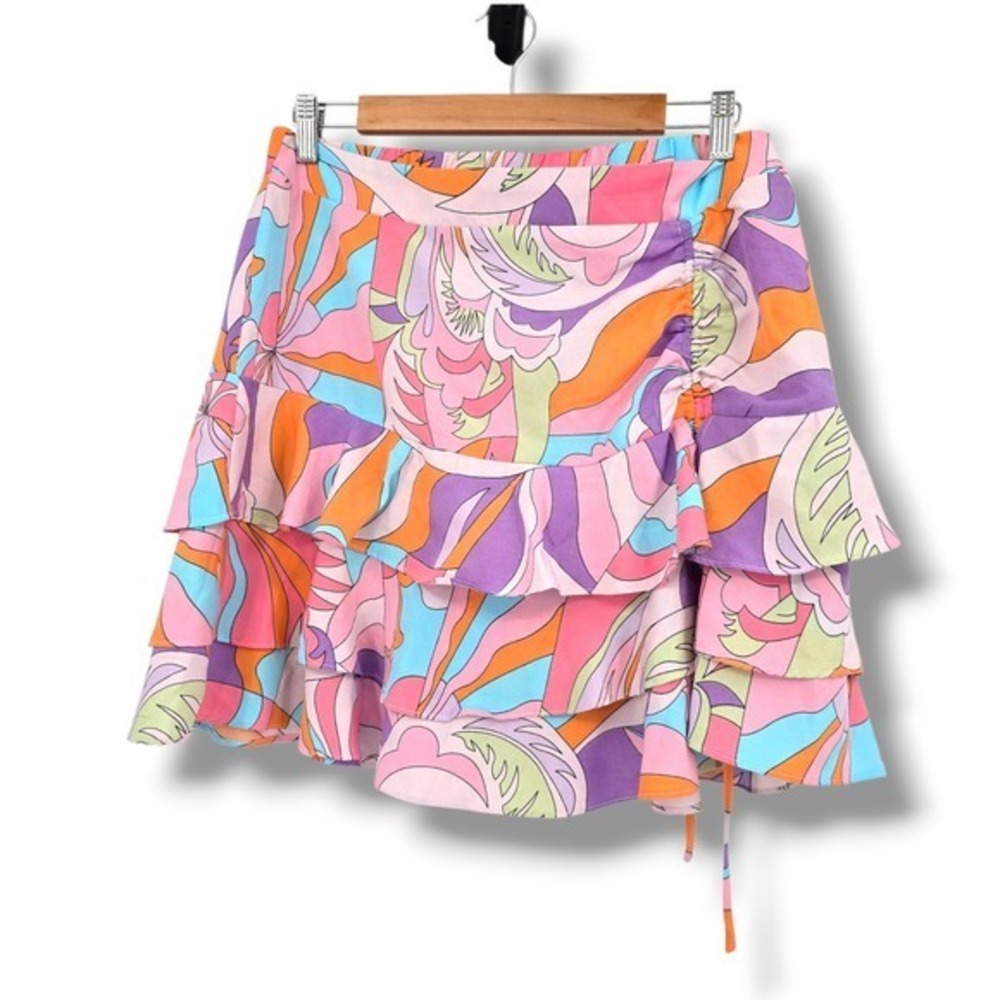 Milk &‎ Honey Mini Skirt Ruffle Tiered Colorful Print Drawstring Waist M